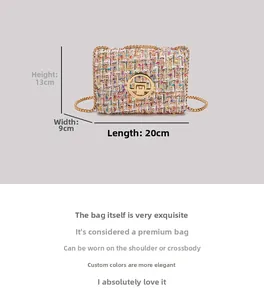 Detailed size specifications for the multicolored tweed crossbody bag with gold chain