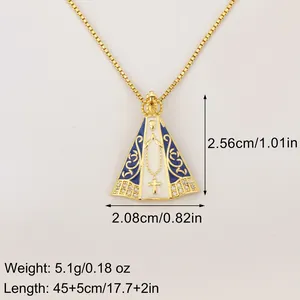Collier Our Lady of Aparecida plaqué or 18 carats avec émail bleu et croix dorée