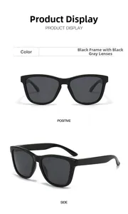 Polarized sunglasses detail showing black frame and gray lenses in front and side views