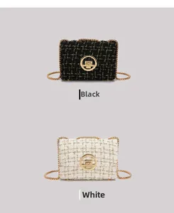 Detailed comparison of tweed chain bags in black and white with metal turn-lock closure