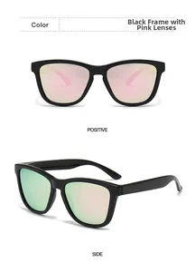 Front and side view of black frame polarized sunglasses with pink mirrored lenses