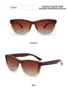 Macro view of coffee frame sunglasses with gradient brown lenses from front and side angles
