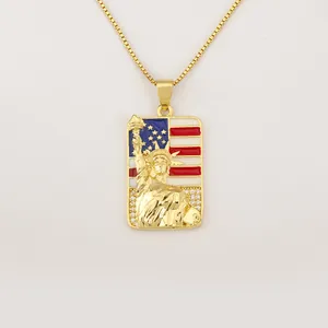 Collier plaqué or 18 carats avec croix Vierge Marie et pendentif émail drapeau US et zircons