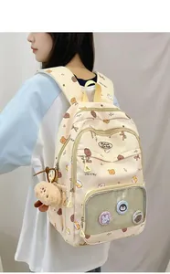 Detail of cute beige school backpack with cartoon bear patterns and transparent front pocket