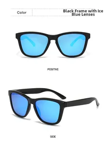 Polarized sunglasses with black frames and ice blue lenses in front and side views