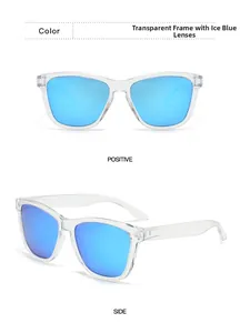 Front and side view of retro polarized sunglasses with transparent frame and blue lenses