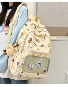 Detail of cream school backpack with cartoon bear patterns and transparent badge pocket