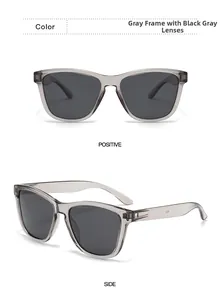 Detailed view of grey frame polarized sunglasses with 8590 code and black-grey lenses
