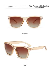 Front and side view of retro tea champagne frame polarized sunglasses with brown lenses