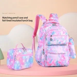 3-piece school backpack set for girls with pink and blue starry sky tie-dye pattern
