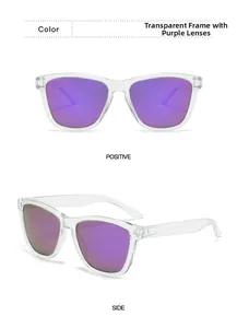 Detailed front and side view of classic square polarized sunglasses with purple mirrored lenses