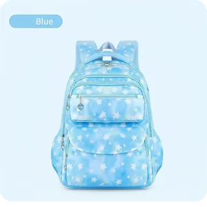 Waterproof light blue gradient school backpack with star patterns and heart zippers