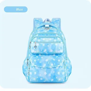 Waterproof light blue gradient school backpack with star patterns and heart zippers