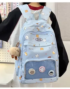 Detail of light blue school backpack with cute cartoon prints and clear mesh pockets
