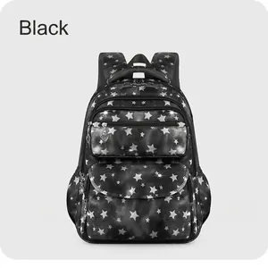 Water-resistant black backpack for girls featuring silver star patterns and heart zippers