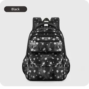 Water-resistant black backpack for girls featuring silver star patterns and heart zippers