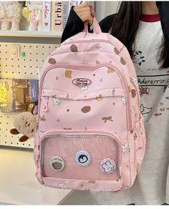Pink school backpack with cute cartoon prints and clear mesh pocket for badges