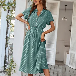 Damen Polka Dot Kleid Baumwolle Atmungsaktiv V-Ausschnitt Knöpfe Kurzarm Midi Kleid Für Urlaub Casual Elegant Retro Stil Damen Sommer A-Linie Kordelzug Taille Kleid
