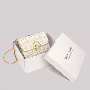 Elegant tweed chain crossbody bag in white with gold metal rotary lock and gift box