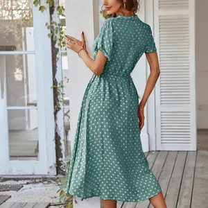 Elegantes minzgrünes Midi-Punktkleid mit kurzen Ärmeln und Taillenband-Design