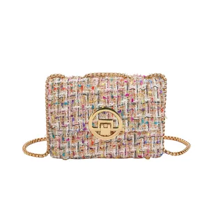 Colorful tweed rectangular flap crossbody bag with gold round metal lock and chain strap