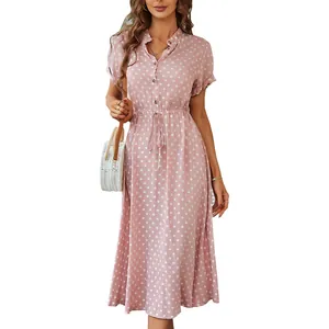 Elegantes rosa gepunktetes Midikleid mit V-Ausschnitt, Knöpfen und Taillenkordel für Sommer