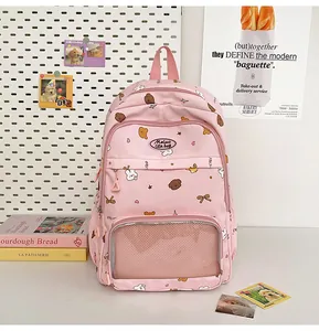 Pink waterproof nylon schoolbag with cute animal patterns and large mesh window pocket
