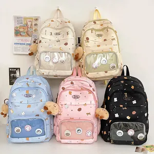 Kawaii school backpack set with transparent ita-bag window and plush charms in 5 colors