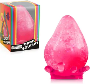Pink translucent teardrop squishy toy with glitter and rainbow packaging box