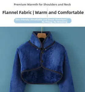 Detail of dark blue flannel shoulder warmer with stand collar and double button closure