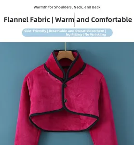 Detail of rose red flannel shoulder warmer with button closure and black piping finish