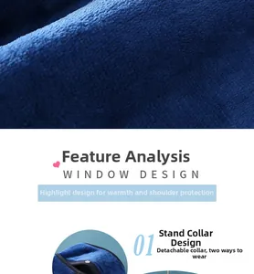 Detail of blue flannel shoulder warmer with detachable stand collar and soft fleece texture