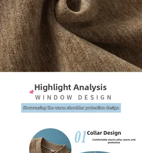 Detail of warm brown knit fabric and stand collar design for thermal shoulder protector