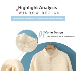 Detail of waffle-textured thermal shoulder wrap with stand collar and button closure