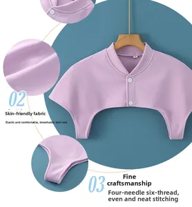 Detail of lavender shoulder wrap showing four-needle six-thread stitching and elastic fabric