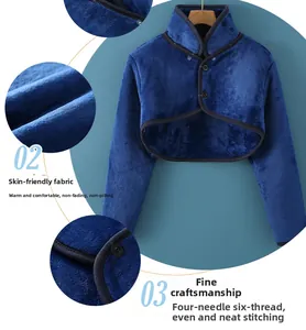 Detailed view of the dark blue flannel shoulder warmer with durable buttons and soft texture