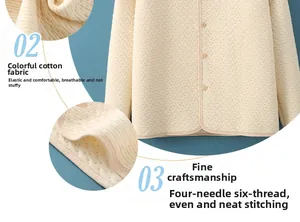 Close-up of beige waffle knit cotton fabric with professional four-needle six-thread stitching