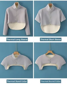 Detail view of four styles of thick Dralon fleece thermal shoulder warmers in lavender