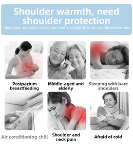 Six scenarios showing thermal shoulder brace for nursing, sleep, and neck pain relief