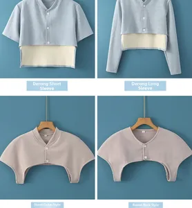 Detail view of thermal shoulder protectors in various sleeve and neck styles