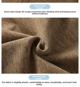 Detail of camel thermal shoulder wrap featuring windproof stand collar and breathable fabric