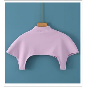 Detail of lavender knit shoulder protector with high neck and soft texture for warmth