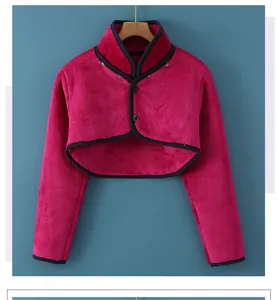 Detailed close-up of thick rose red plush shoulder warmer with soft shawl collar