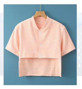 Detail of V-neck striped shoulder wrap with white buttons and side slit hem design