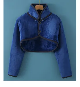 Detail of blue flannel shoulder wrap with high collar and button closure for warmth