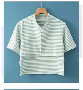 Detail of mint green striped thermal nursing wrap with buttons and layered design