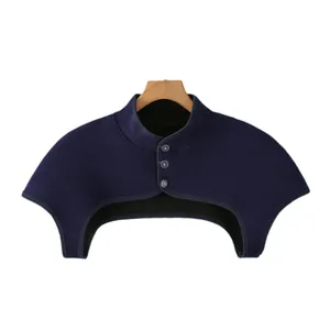 Thick thermal knit shoulder warmer for women in navy blue with high collar and three buttons