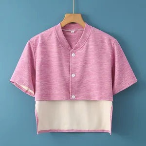 Women's knit shoulder protector in pink grey heather with white button closure