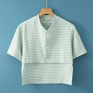 Short sleeve nursing wrap top with green and white stripes and button-front design