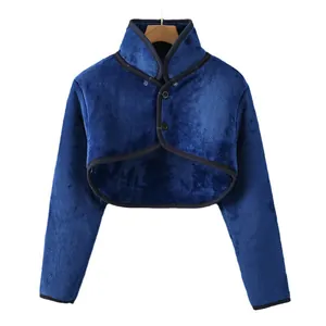 Navy blue flannel shoulder warmer with high collar and front buttons for winter warmth